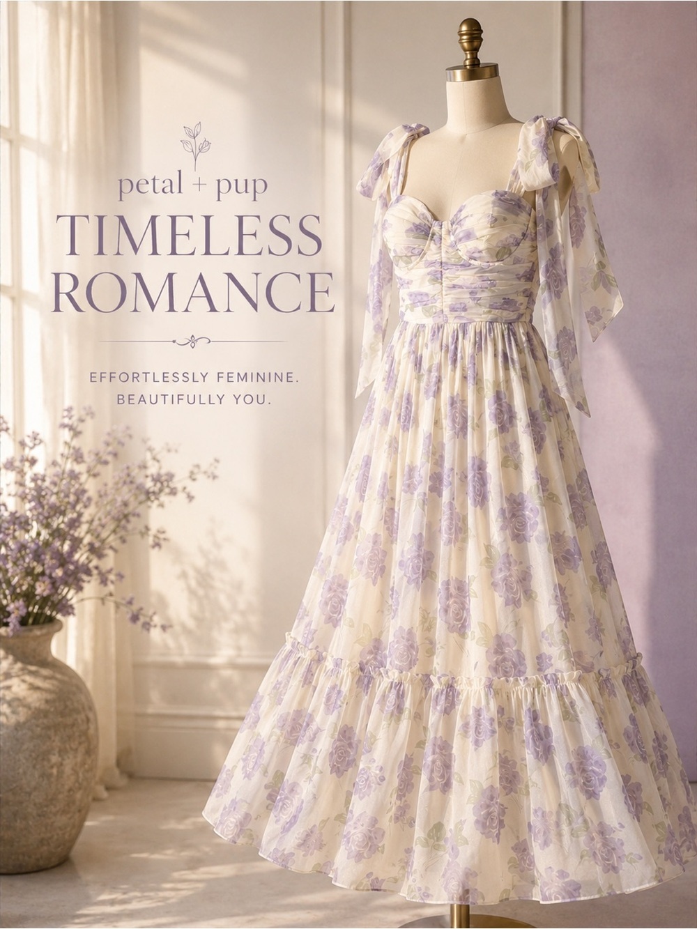 Petal + Pup Lavender Floral Maxi Dress Tie Shoulder Cottagecore Romance Sz Large